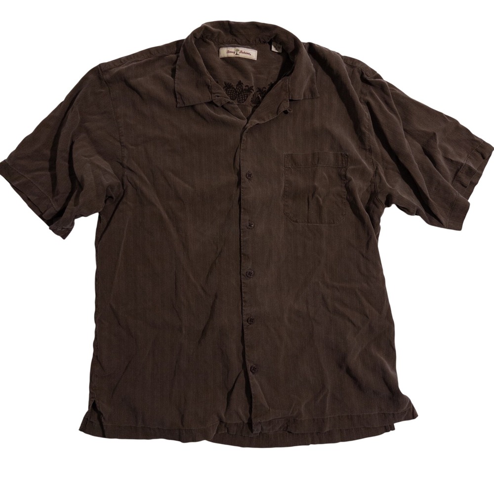 Tommy Bahama Mens L 100% Silk Brown Short Sleeve Button Down Pineapple Desihn